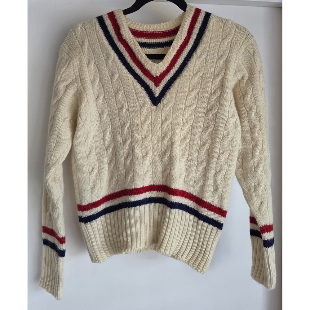 VTG J.L. Hudson Company V-Neck Sweater Cream Red Navy Cable Knit Pullover Preppy